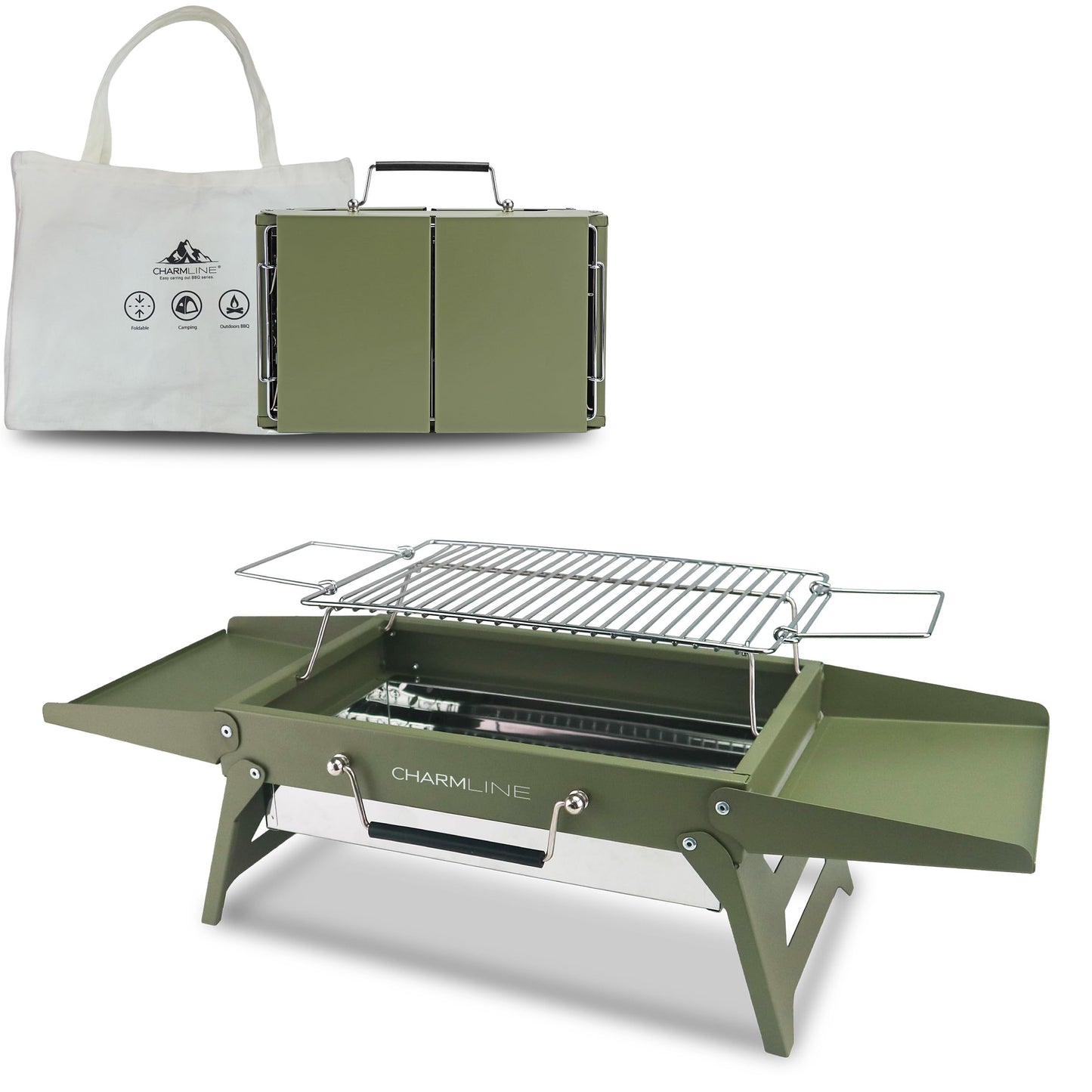 Charmline 14 x 9 inches Portable Charcoal BBQ Grill, Foldable Compact Camping Barbecue for 1–3 People, Ideal for Garden, Beach, Picnic & Tabletop Use, Green