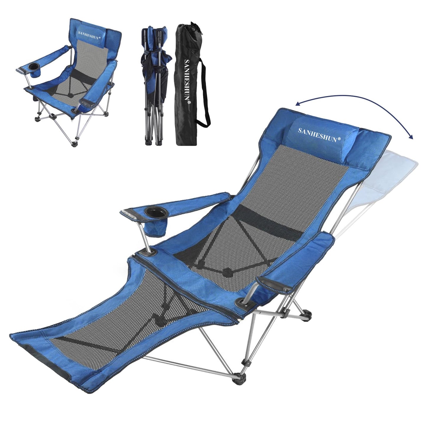 sanheshun Zero Gravity Chair, Reclining Camping Chair with Padded Pillow, Cup Holder, Storage Pocket & Carry Bag, 4-in-1 Portable Camping Recliner for Outdoor, Beach, Garden, and Backyard - Blue Mesh