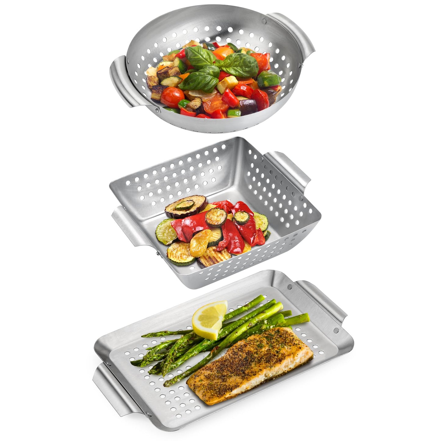Onlyfire 3 Packs Grill Baskets, Heavy Duty Stainless Steel Perforated Vegetable Grill Baskets, 3 Piece Mini Grilling Basket Set, Grill Pan for Outdoor Grill