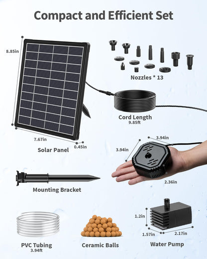 POPOSOAP 6.5W Solar Pond Filter Built-in Battery Backup, Solar Water Fountain Pump with Pond Filter, 8 Nozzles & PVC Tubing for Bird Bath, Small Ponds, Fish Tanks, Water Features P3065D
