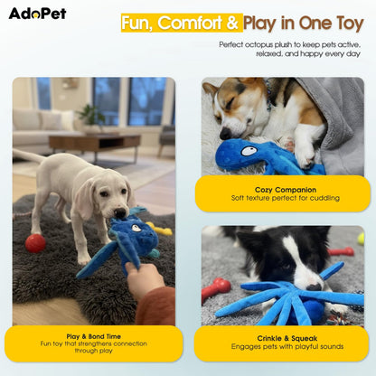 AdoPet Squeaky Octopus Dog Toy – No Stuffing, Crinkle Sound Plush Chew Toy for Small and Medium Dogs – Durable and Machine Washable – 2 Pack (Blue & Pink)