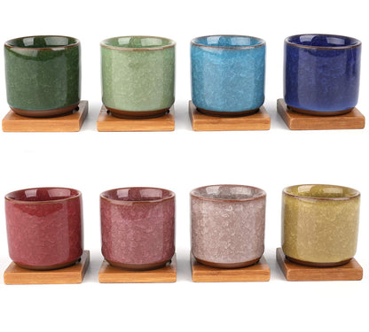 Lawei 8 Pack 2.5 Inch Mini Succulent Plant Pot with Drainage and Bamboo Tray, Small Ceramic Cactus Plant Pot, Flower Pots Faux Plants Containers for Home Garden Office Decoration(Plants NOT Included)