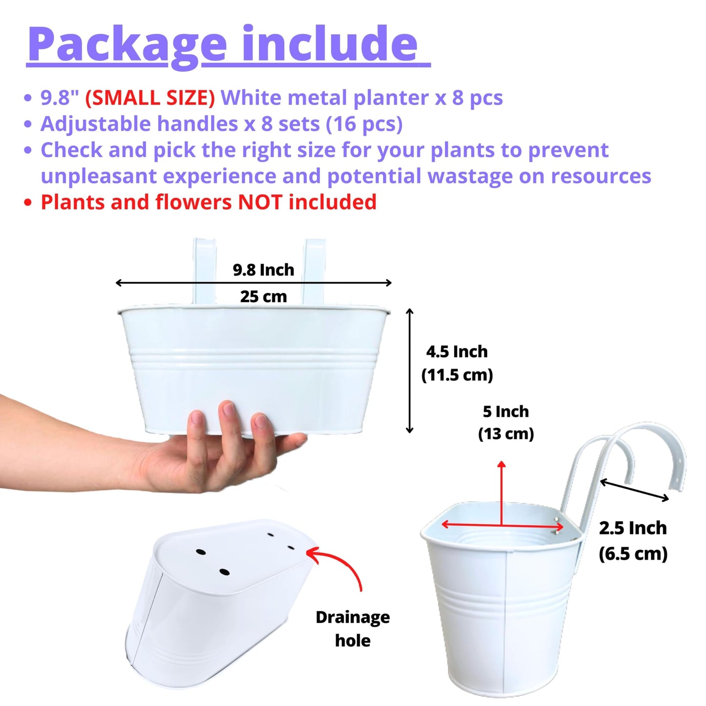 LaLaGreen Outdoor Rail Planter (8 Pack, 9.8 Inch) Small and Cute White Metal Iron Hanging Flower Pots Deck Railings Fence Buckets Countryside Style Wall Mount Window Box Plant Holder Hooks Porch Decor