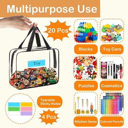 20 Packs Extra Large Toy Storage Bags Bulk with Zipper, Reusable Clear PVC Toy Organizer Bag with Labels for Blocks, 11.8″×8.6″×3.9″ Travel Waterproof Organizer Bags for Puzzles Clear Black