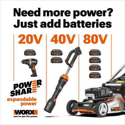WORX Cordless String Trimmer & Leaf Blower Combo, 15'' 40V Weed Eater with Carbon Fiber Shaft, 530 CFM 40V Quiet Electric Blower with 57 dB, 2 × 4.0 Ah Batteries & Charger Included, WP925