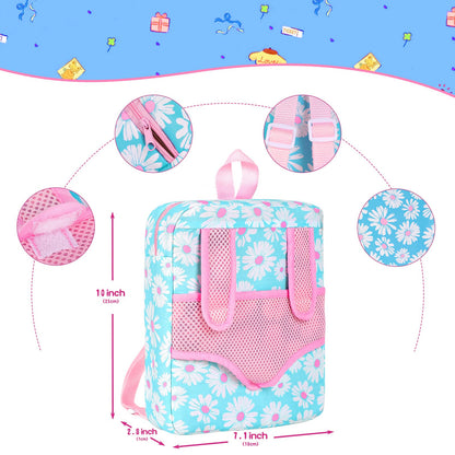 12" Girls Baby Doll Daisy Theme Backpack Carrier Playset,12 Inch Reborn Baby Dolls With Accessories And Clothes Set Toy Stuffs Pink Hanky Diaper Bottle Nipple And Gifts For Baby Toddler Age 3+