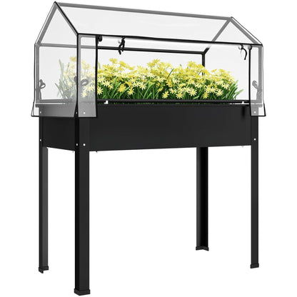 Outsunny Raised Garden Bed with Flip-Up Greenhouse Cover, Elevated Planter Box with Legs and Drainage Hole for Vegetables Flowers Herbs, 39.4" x 18.9" x 48.8", Black