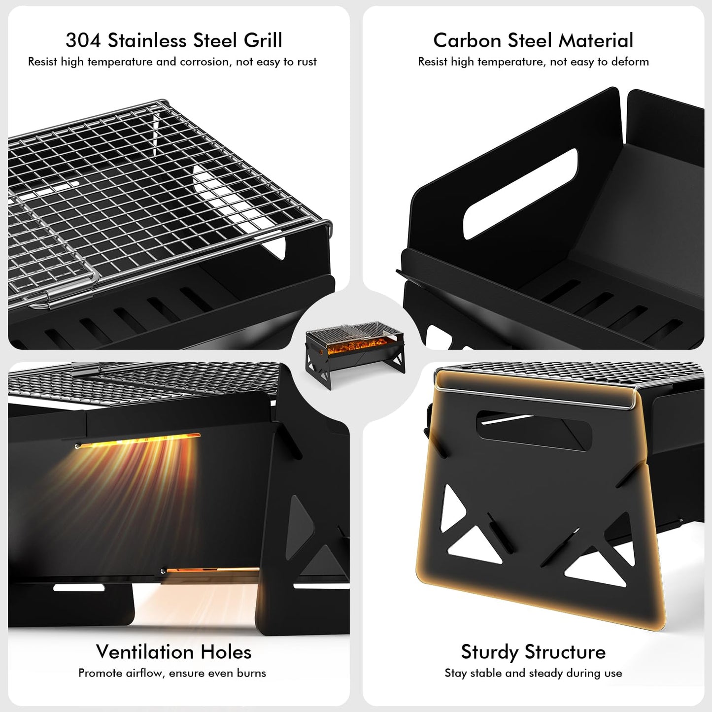 Raynesys Charcoal Grill, Folding Portable Grill, with Carry Bag, Camping Firepit for Outdoor Cooking, Campfire, Patio, Backyard, Backpacking, Party, 15.35 * 12.99 * 5.51 Inches