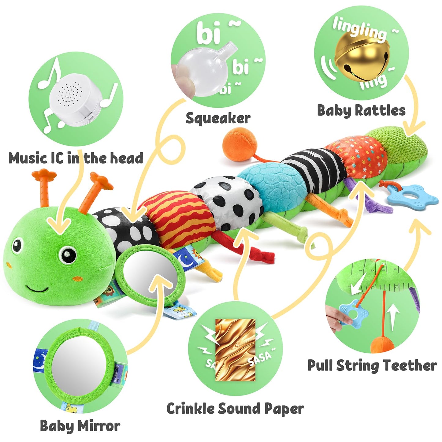 LIGHTDESIRE Baby Toys Musical Caterpillar,Infant Toys Stuffed Animals with Ruler Design,Mirror,Pull String&Ring Bell,Baby Teething Toy for Tummy Time Toy Newborn Boy Girl 3 6 12 Months(Grass Green)