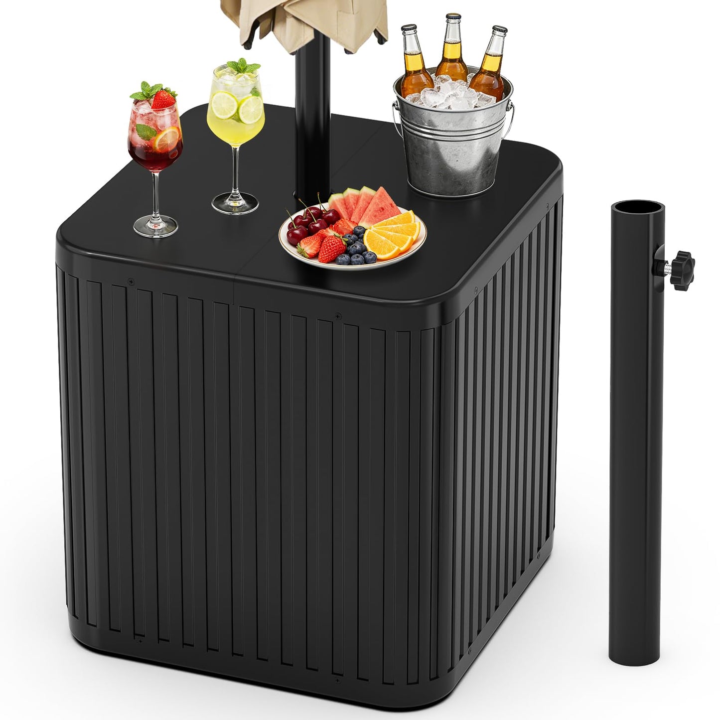 BoYata Outdoor Umbrella Side Table, 2-in-1 Outdoor Side Table with Umbrella Hole, 15.9 Gallon Fillable Umbrella Stand Base, Fit Up to 1.5" Pole, Square Patio Side Table for Poolside, Deck, Matte Black