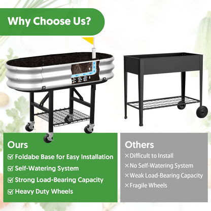 Self-Watering Raised Garden Bed with Legs and Heavy Duty Wheels, Easy-Install Planter Box with Foldable Stand, Galvanized Metal Elevated Wicking Bed with Liner for Indoor Outdoor Gardening