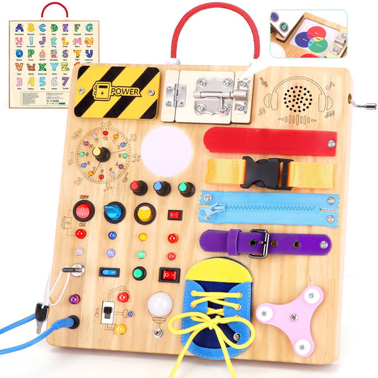 23-in-1 Montessori Busy Board with LED Lights Educational Wooden Activity Toy for Toddlers Ages 1-3, Travel Sensory Board with Switches Locks Music Box Fine Motor Skills Learning Toy for Boys Girls
