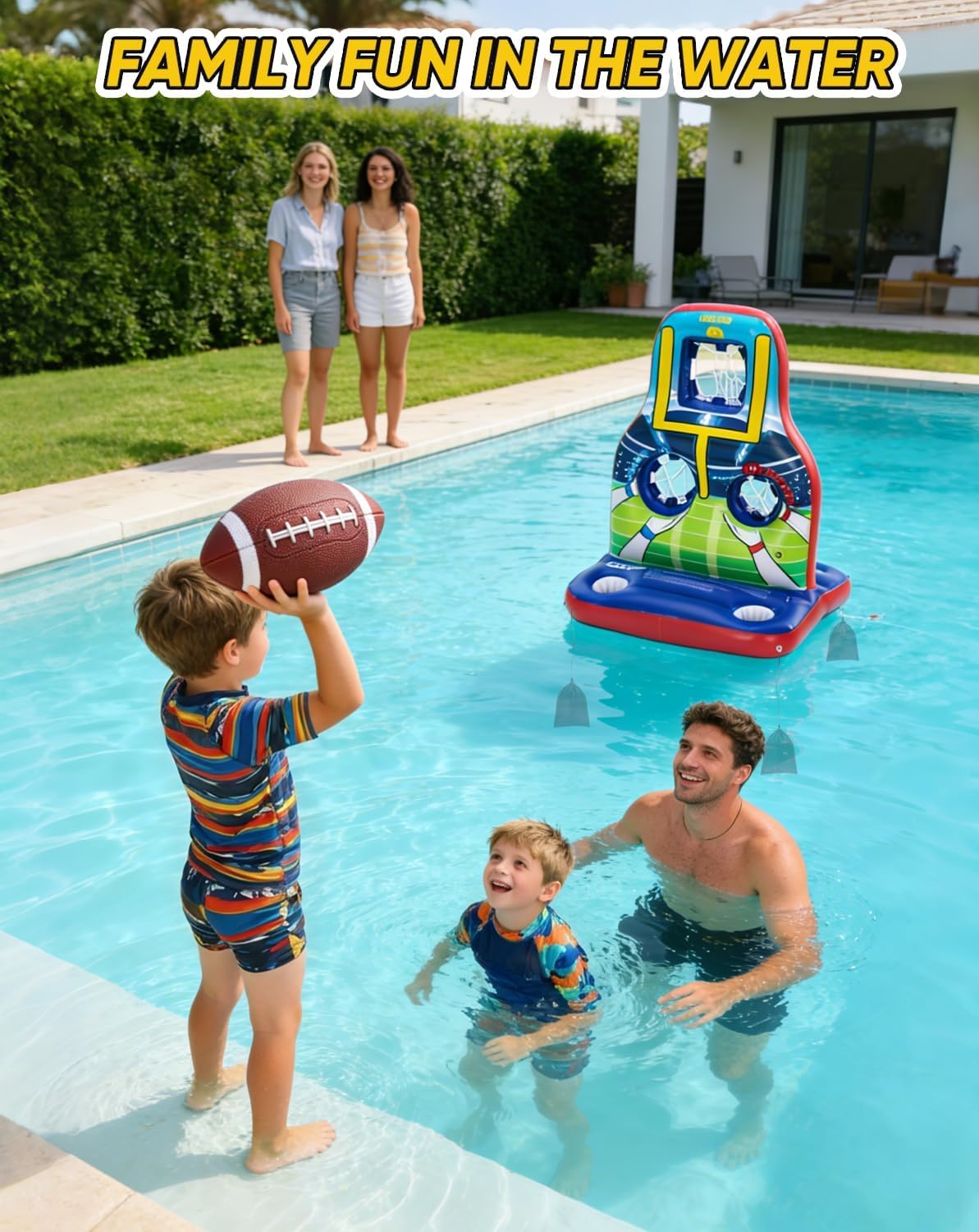 Luottis Inflatable Football Toss Pool Game Set – Floating Pool Games for Kids, Teens & Adults, Family, Includes 4 Footballs + 2 Pumps, Summer Swimming Pool Toys for Party, Beach, Lawn, Indoor/Outdoor