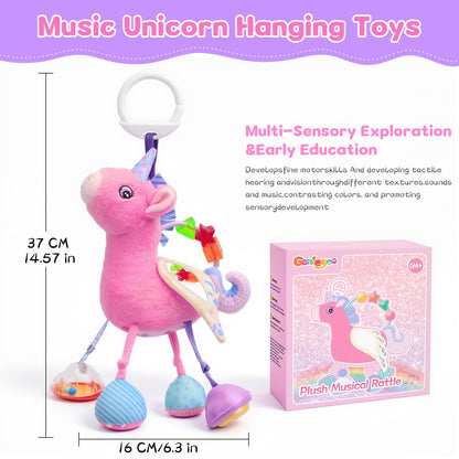 MPQMPQ Car Seat & Stroller Toy for Girl - Musical Sensory Plush with Rattle & Mirror Baby Toys 0-12 Months Hanging Travel Carseat Toys Soft Squeaky Stuffed Animal Unicorn for Babies Gifts