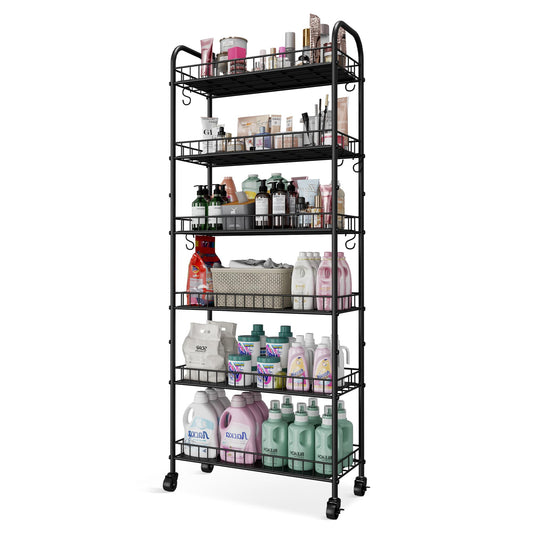 Qiaoxuan 6 Tier Slim Storage Cart with Wheels, Metal Mobile Shelving Unit Organizer Utility Cart for Office Bathroom Kitchen Laundry Room Narrow Places (10inches)