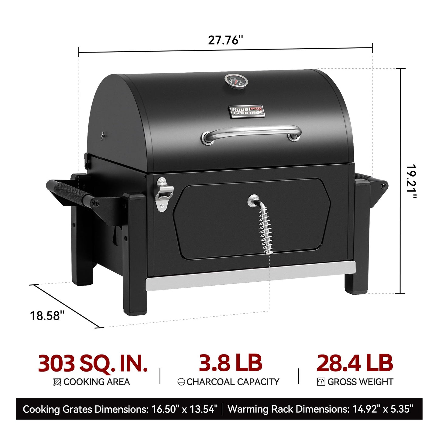 Royal Gourmet CD1519 Portable Charcoal Grill with Warming Rack, Tabletop Charcoal Grill with 303 Sq. In Cooking Area for Outdoor Camping and Picnic Grilling, Black
