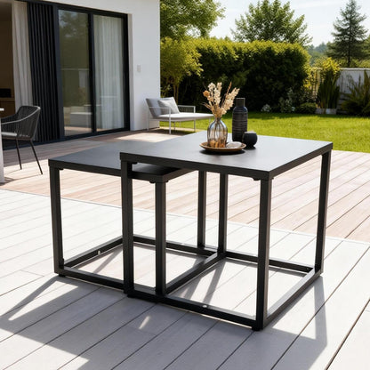 Meluvici Patio Outdoor Coffee Table Set of 2, Weather Resistant Steel Square End Tables, Outdoor Nesting Tables for Patio, Balcony, Bistro and Indoor, Black (Black)