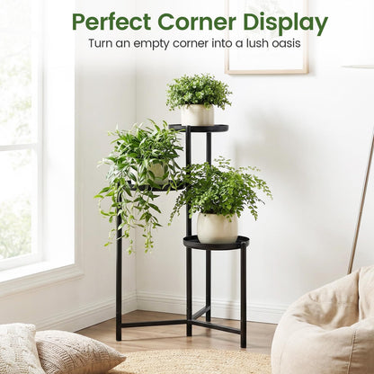 Giantex 3-Tier Metal Plant Stand Indoor Outdoor, Tall Corner Flower Pot Holder Display Rack for Living Room Balcony Patio Garden Office, Heavy Duty Vertical Shelf, Metal Plant Rack Organizer, Black