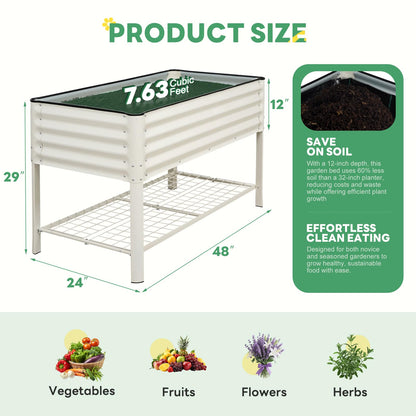 STBoo Elevated Raised Garden Bed with Legs - 48''x24''x32'' Galvanized Metal Standing Planter Boxes Outdoor with Bottom Storage Shelf for Backyard, Patio, Balcony, Vegetables, Flowers, White