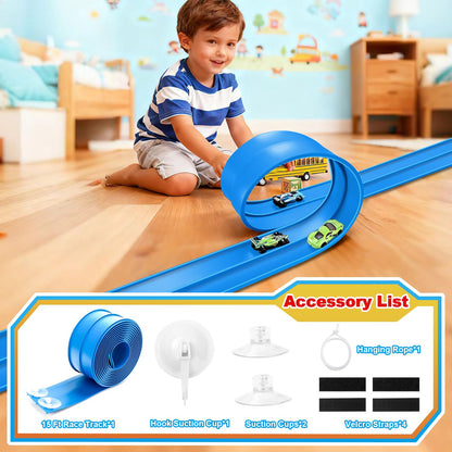 Flexible Race Track Toys for Kids, 15 Ft Flex Tracks Starter Set with Strong Suction Cups - Compatible with Hot Wheels and Diecast 1/64th Cars, Rolls up Portable Race Car Ramp Track (Blue)