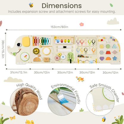 Elephant Activity Wall Busy Board Panels,Wooden Montessori Learning Activity Center Sensory Toys Wooden Sensory Wall Panel for Kids Ideal Furniture for Playroom Daycare Dentist Waiting Room Nursery