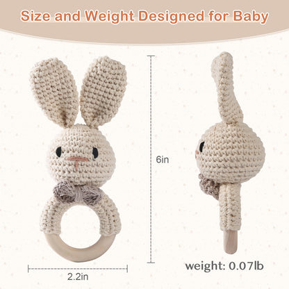 Handmade Crochet Easter Bunny Wooden Baby Rattle Toy for 0-6 Months - Organic Stuffed Animal for Newborn