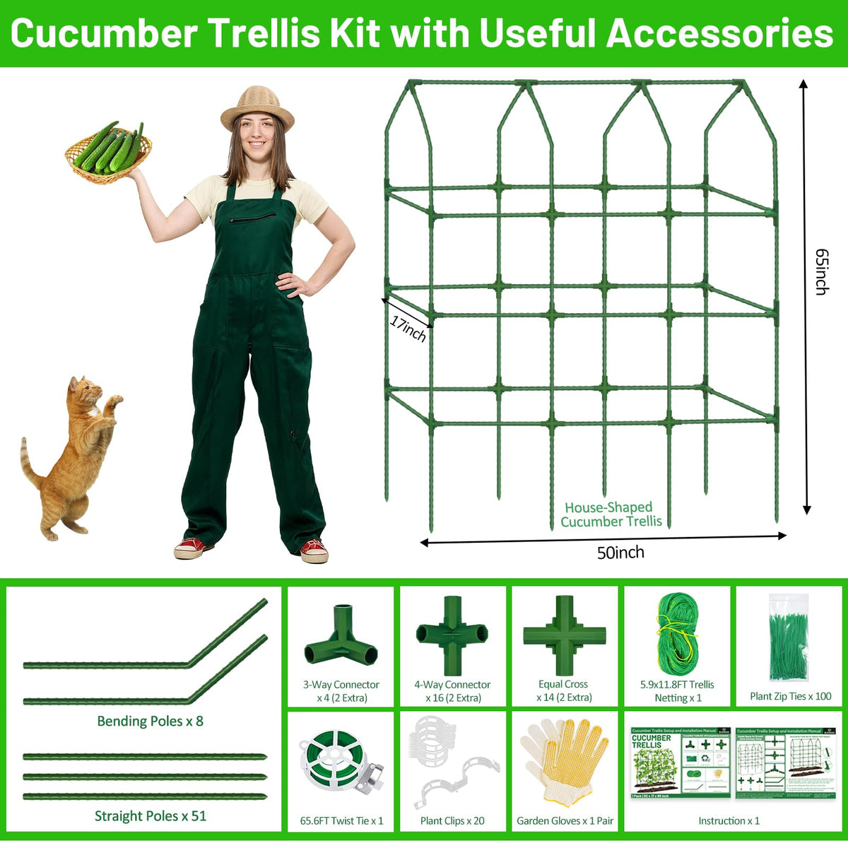 Sunwinx 50x65 Inch Cucumber Trellis for Raised Beds, V-Frame Metal Plant Garden Trellis for Climbing Plants Outdoor with Climbing Netting for Tomato Vegetable Grape Vine Bean Pea Squash