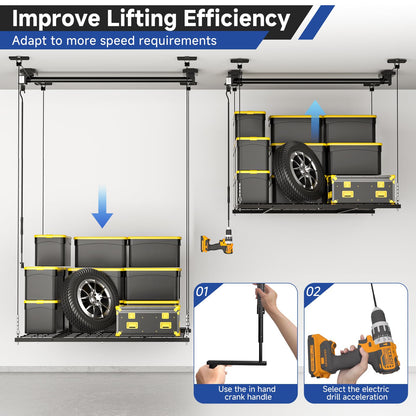 GADFISH Garage Ceiling Lift Storage Rack, Easy Lifting 85" Height 4x4 Ft Overhead Garage Storage Rack for Space Saving with Safety Lock, Suitable for 16"/24" Ceiling, 350LBS Capacity