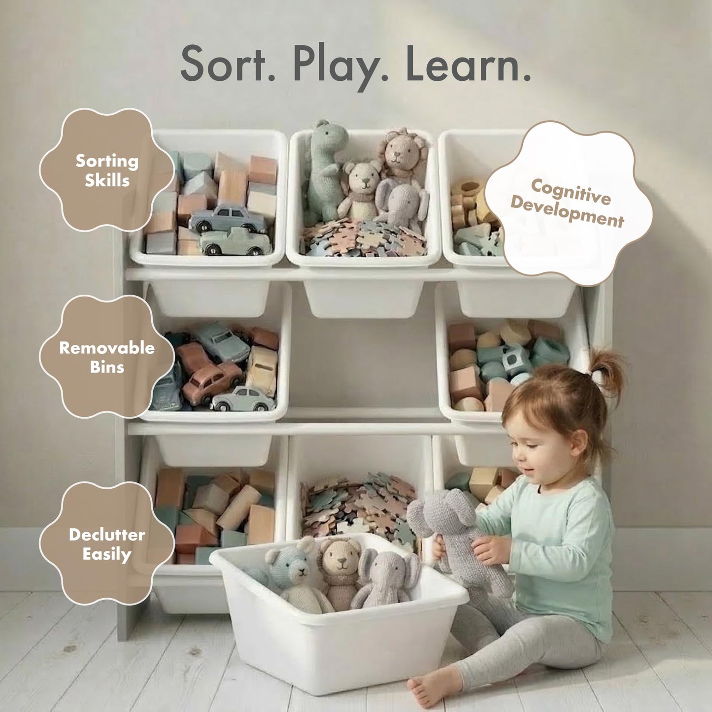 Humble Crew Toy Storage Organizer with 9 Removable Storage Bins for Kids Playroom, 3-Tier Toddler Toy Organization and Storage, Grey/White