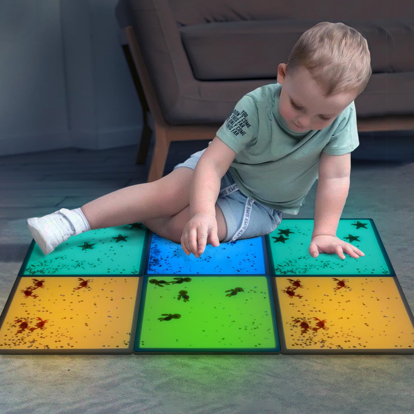 Onyoloy Kids Sensory Liquid Tiles: 11.8" X 11.8", Set of 4 Square Liquid Fusion Activity Playmats with Different Glow-in-The-Dark Colors for Baby, Toddler and Kids Gym, Nursery, Playroom.