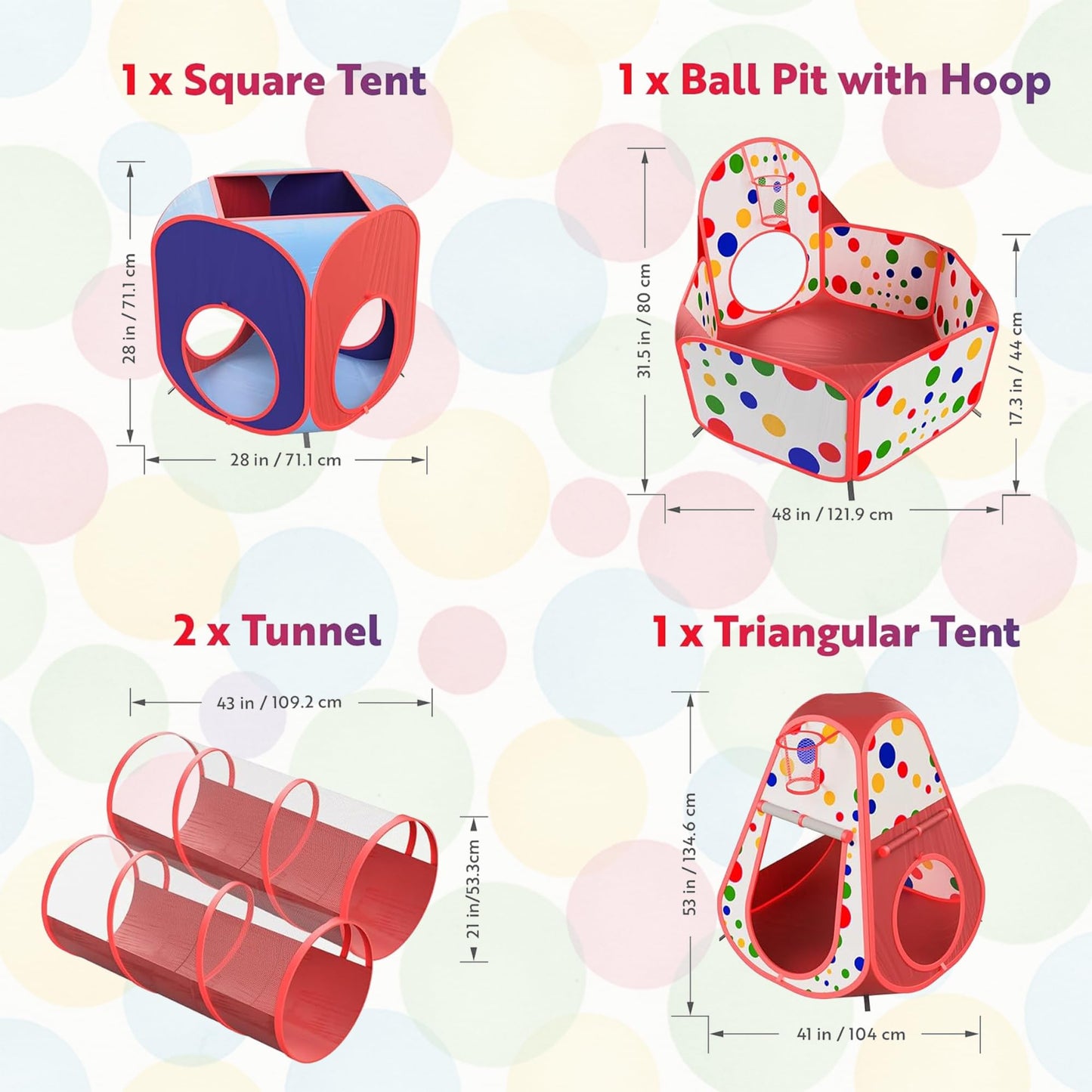 Playz 5-Piece Kids Play Tents Crawl Tunnels and Ball Pit Popup Bounce Playhouse Tent with Basketball Hoop for Indoor and Outdoor Use with Red Carrying Case