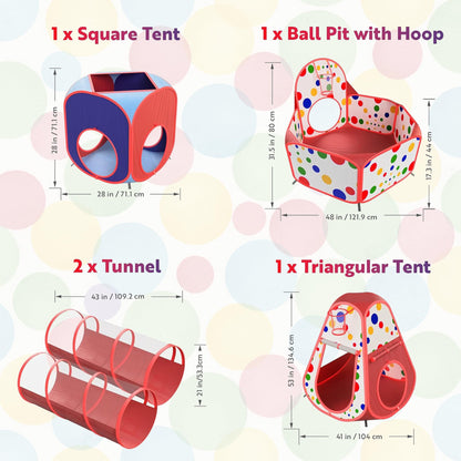 Playz 5-Piece Kids Play Tents Crawl Tunnels and Ball Pit Popup Bounce Playhouse Tent with Basketball Hoop for Indoor and Outdoor Use with Red Carrying Case