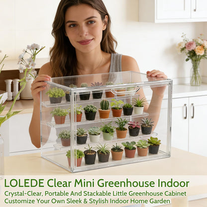 LOLEDE Clear Mini Greenhouse Indoor, Small Stackable Tabletop Portable Green House with Magnetic Door for Plant Seed Germination, Home Gardening Display,etc. (14.2x8.7x10.6in, 1 Pack)