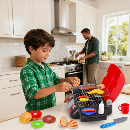 Kids Play Food Grill with Pretend Smoke Sound Light Kitchen Playset BBQ Accessories Camping Cooking Set Barbecue Toddler Girl Boy Toy 2 3 4 5 6 Year Old 4-8 Birthday Kid Toy Idea