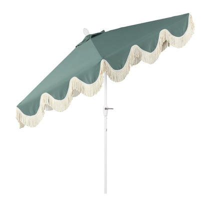 JONATHAN Y UMB1001K Collins 9 ft. Classic Cottage Fringe Tassel Market Patio Umbrella with Auto-Tilt Crank, Wind Vent and UV Protection in Green/Cream, White Pole