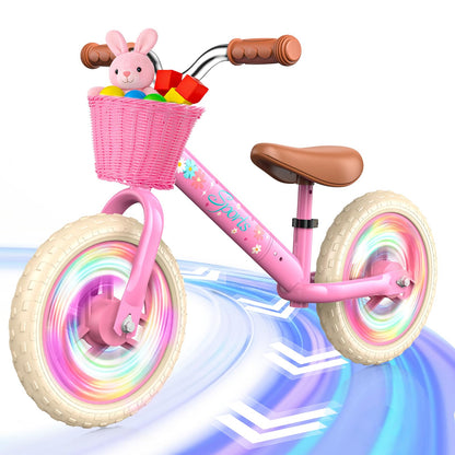 Adjustable Toddler Balance Bike for 2-5 Years Old,Kids Balance Bike with Basket,Kids Bicycle for 2 3 4 5 Years Old Girl Birthday Christmas Toy Gift,Soft Seat & Handlebar,Puncture-Proof LED Tire,Pink