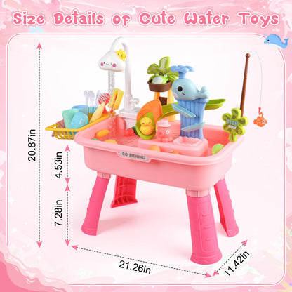 Ploomi Upgraded Toddler Sand Water Table Toy with Electric Water Pump, Kids Sand Water with Faucet/Play Food Accessories/Fishing Toy, Kitchen Play Sink Toys for Girl Boy Age 3+