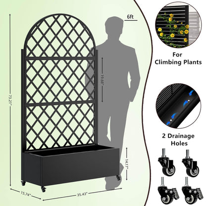 Metal Planter Box with Trellis, 73-Inch Tall Raised Garden Bed with Wheels, Privacy Screen Planter for Climbing Plants, Vegetables & Vines, Galvanized Steel Outdoor Privacy Shield, Black (Round)