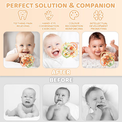 Baby Sensory Teething Toys, Baby Montessori Teether Toys for 0 3 6 9 12 18 Months, Silicone Tummy Time Toy with Rattle Ball for Newborn Infant, Learning Delopmental Gift for Boys Girls, Brown
