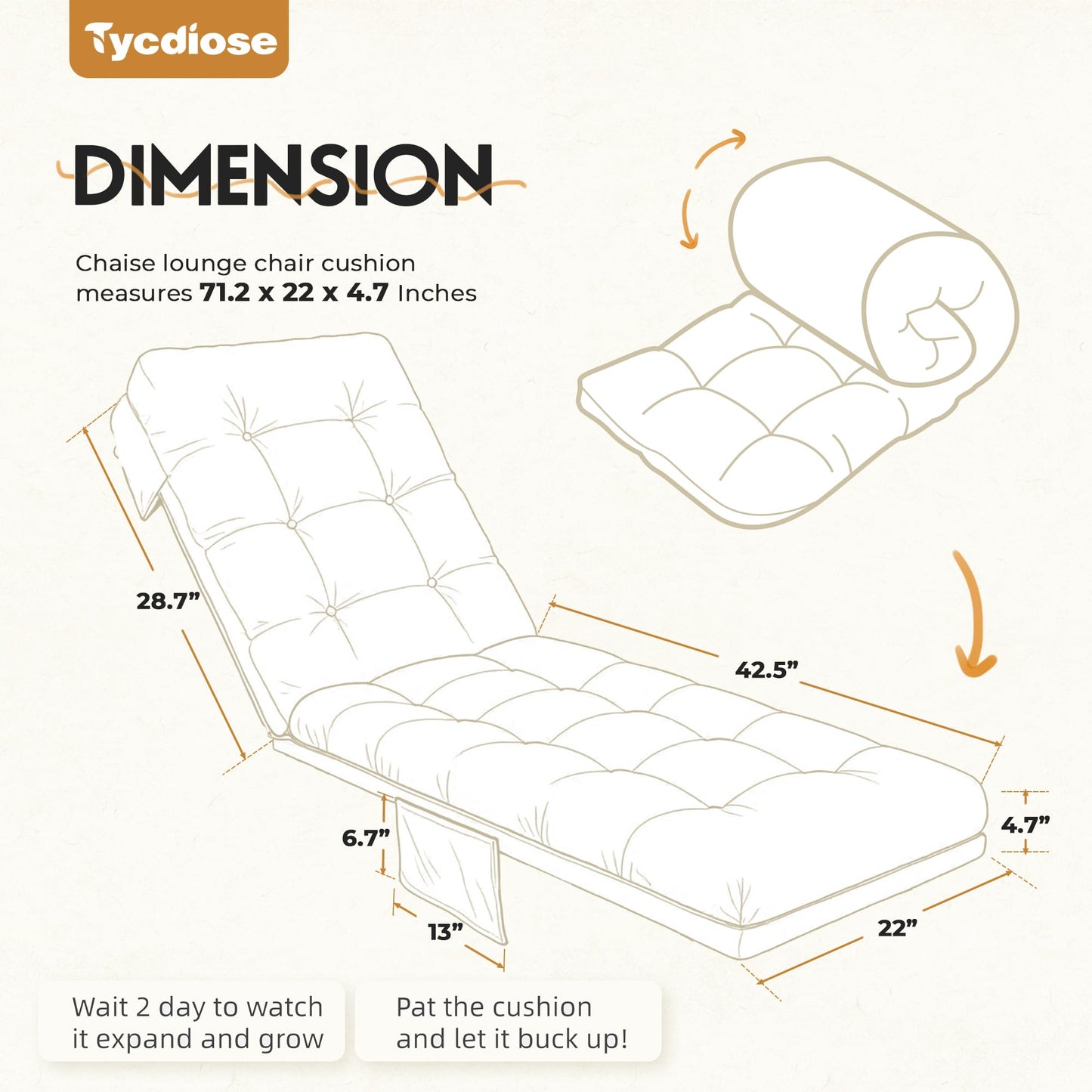 Tycdiose Outdoor Lounge Chair Cushion, Waterproof Replacement Chaise Lounge Cushions for Outdoor Furniture Thickened 71 x 22 x 4.7 Inches Non-Slip Patio Pool Lounge Chair Cushions with Ties (Cream)