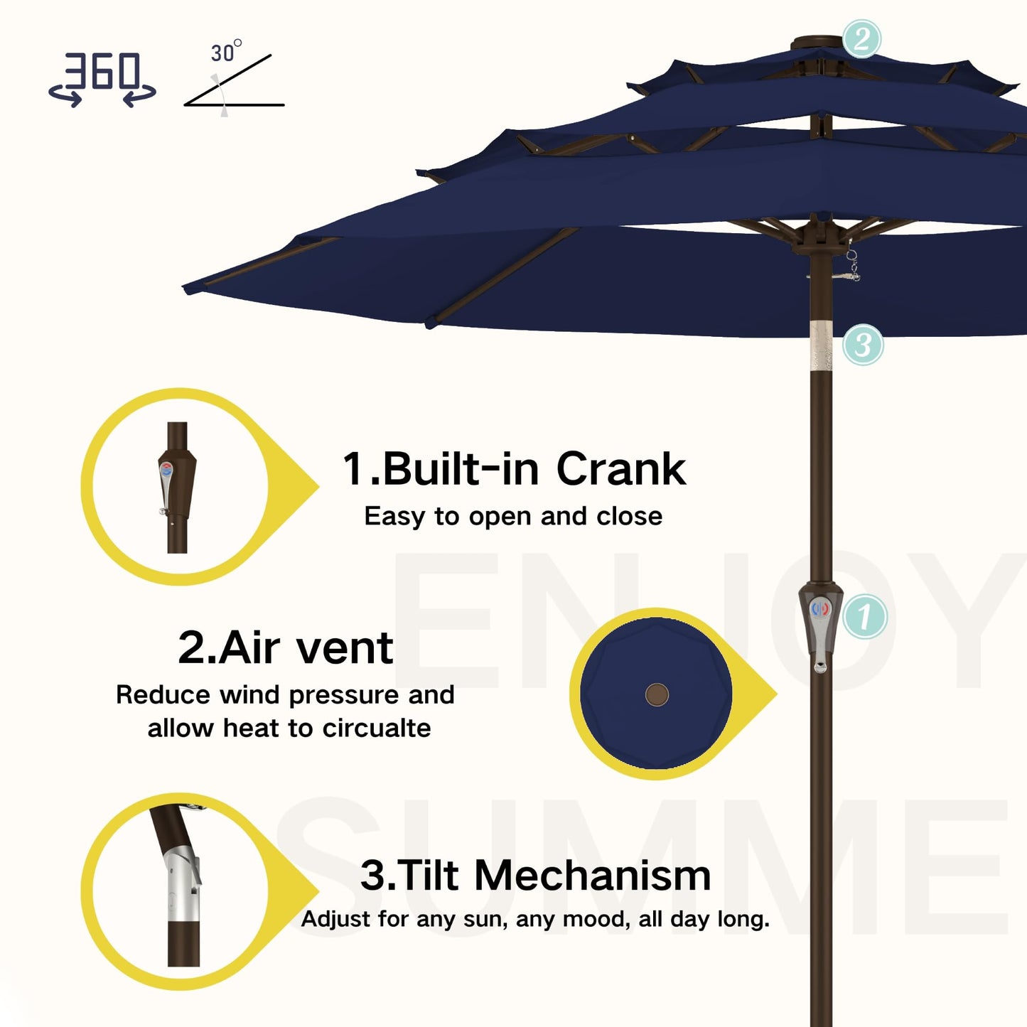 Kingdura 10ft 3-Tier Patio Umbrella, Outdoor Table Umbrella with Easy Crank & Tilt, 8 Reinforced Ribs, UV Protection for Deck, Pool, Market, Backyard (Navy blue)