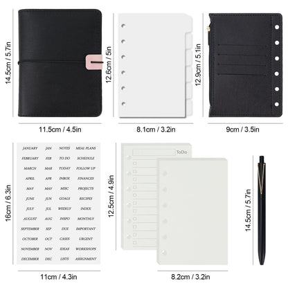 Koqye A7 Refillable Planner Small Binder Notebook 6 Ring, Portable PU Leather Organizer with Zippered Pocket, To-Do & Blank Refill Papers, Dividers, Monthly Sticker, Pen, for Students, Professionals, Travel (Black & Pink)