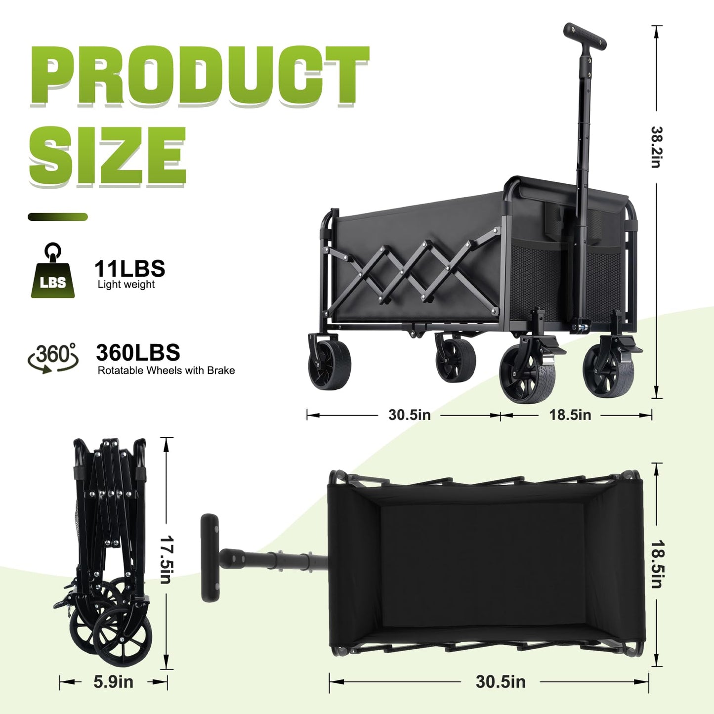 Collapsible Foldable Wagon Cart with Wheels - 360LBS Folding Utility Wagon Cart with Brakes, Lightweight Portable All-Terrain Wagons for Groceries Garden Beach Shopping Camping, 2 Cup Holders/Black