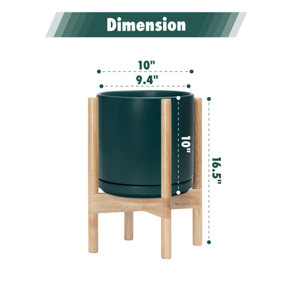 D'vine Dev Ceramic Planter with Natural Stand - 10 Inch Modern Round Flower Pot with Wood Planter Holder, Teal, 55-B-K-4
