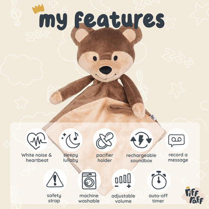 Riff Raff Bear and Fawn Sleep Soother Sleep Aid Lullaby for Newborn/Baby 0+ Months, Portable White Noise Plush Sound Machine, Heartbeat & White Noise Plush, Stuffed Animals for Babies w/Velcro Strap