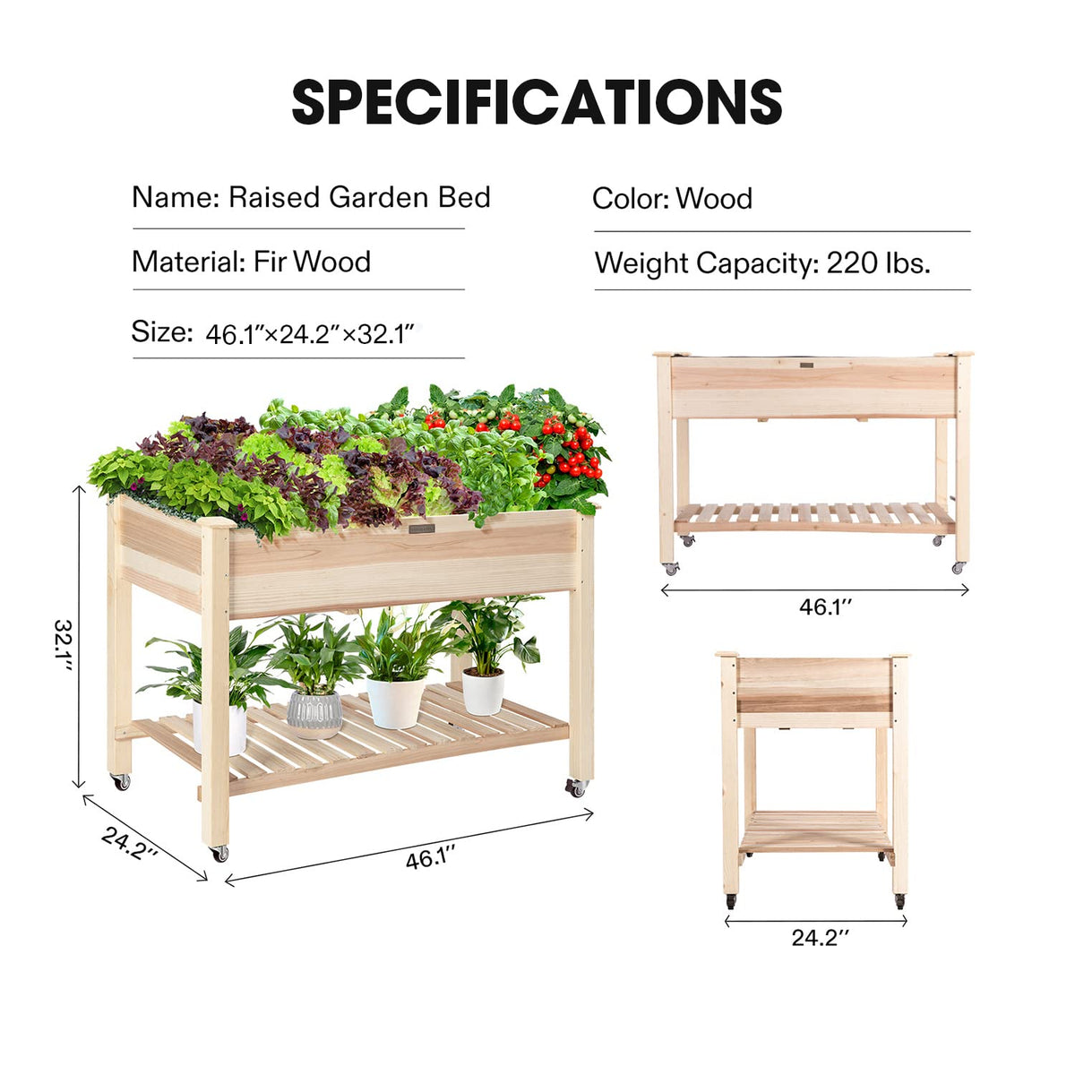 VIVOSUN Elevated Wooden Raised Garden Bed, 46 x 24 x 32 Inches, Mobile Outdoor Planter Box with Storage Shelf and Protective Liner for Outdoor Use, with Lockable Wheels