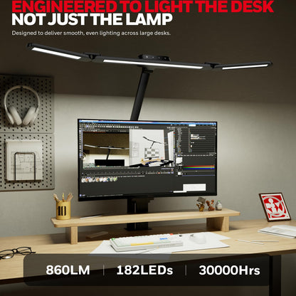 Honeywell Wide Desk Lamp with Clamp for Dual Monitors, 22W Full-Spectrum Eye-Caring LED Desk Lamp for Home Office, 3-Section Adjustable Architect Light for Large Desk, Stepless Dimming, 3000K-5700K