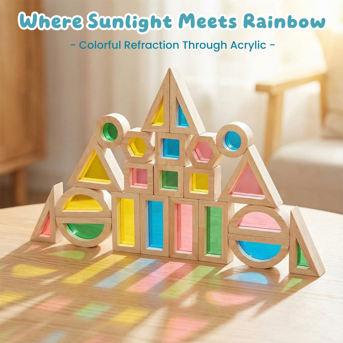 WOODENFUN Wood Building Blocks Set for Kids,Rainbow Stacker Stacking Game Construction Toys Set Preschool Colorful Learning Educational Toys, Geometry Wooden Blocks for Boys Girls
