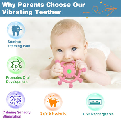 YOFUN 3-Speed Vibrating Baby Teether – Soothing Silicone Teething Toy for Infants 3M+, Food-Grade, USB Rechargeable – Soft & Safe Gum Relief for Babies (Pink)