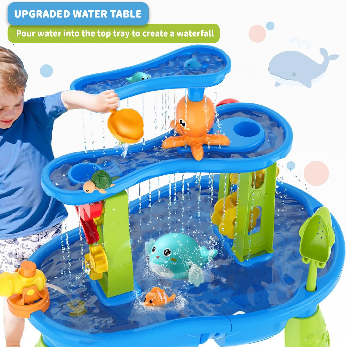 YAZ&OUZ Water Table for Toddlers 1-3, 3-Tier Kids Water Table, Water Tables for Toddlers 3-5 Features Swimming Dolphins & Crabs, Rain Showers Splash Pond, Activity Sensory Play Table for Girls Boys